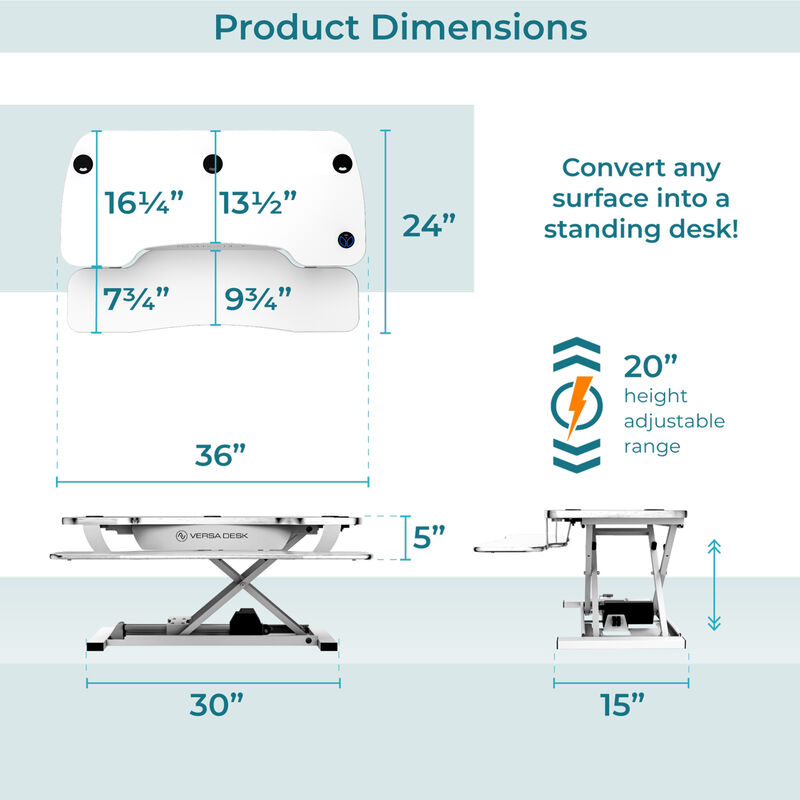 VersaDesk PowerPro® 36"W Electric Adjustable Standing Desk Converter, White