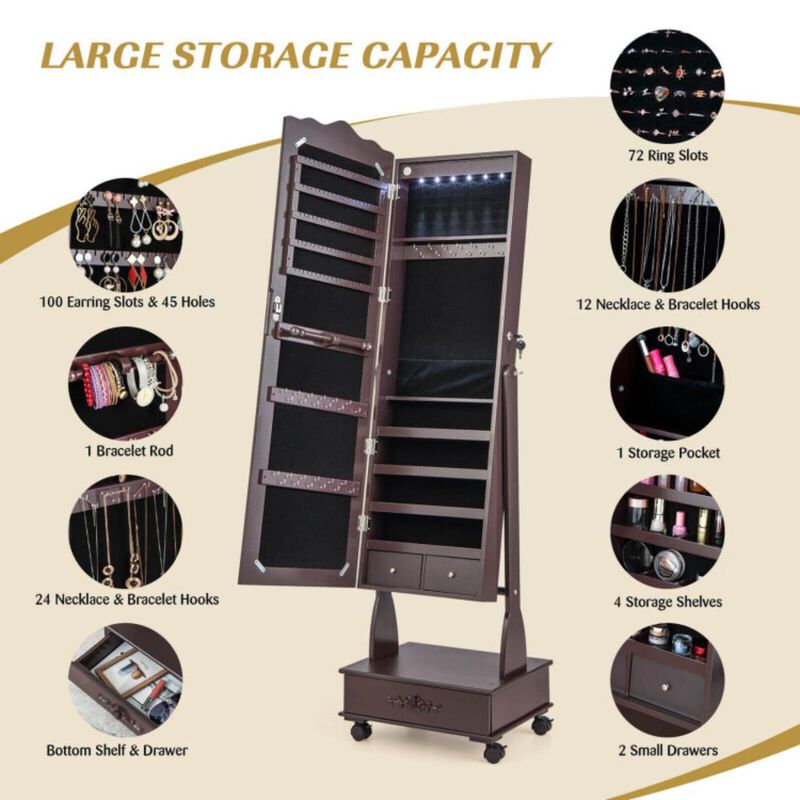 Hivvago Rolling Floor Standing Mirrored Jewelry Armoire with Lock and Drawers
