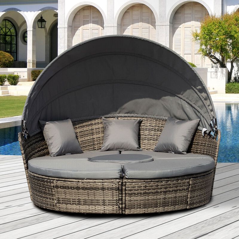 Mocha Brown Sun Lounge: 4-Piece Woven Rattan Canopied Daybed Set