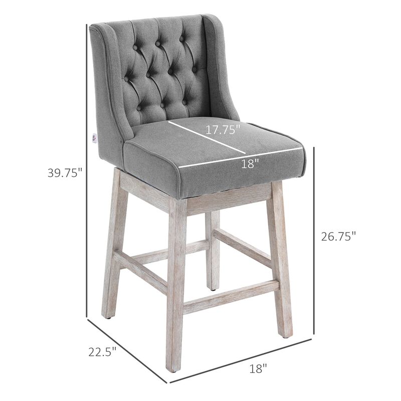Gray Swivel Bar Stools: Set of 2, 27" Counter Height, Linen, Button Tufted