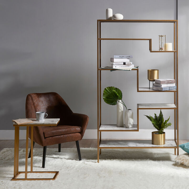 Teamson Home Marmo Modern Marble-Look C Shape Side Table, Faux Marble/Brass