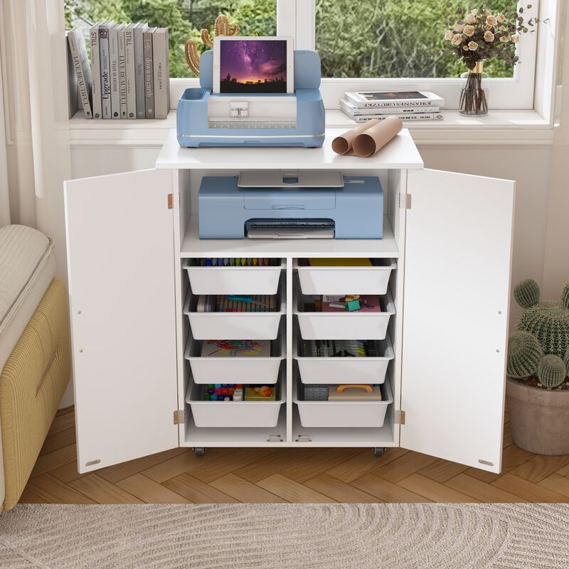 FUFU&GAGA Modern White Storage Cabinet – X-Design Doors, 8 Plastic Bins, Lockable Casters, Durable MDF (27.3" W x 19" D x 31.3" H), White