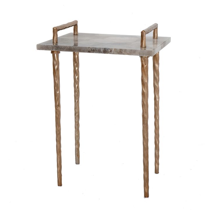 22 Inch Accent Table, Agate Stone Top, Modern, Sleek Metal Frame, Bronze - Benzara