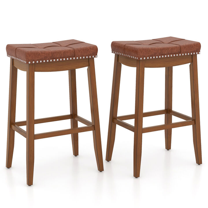 Set of 2 Upholstered PU Leather Bar Stools with Saddle Seat