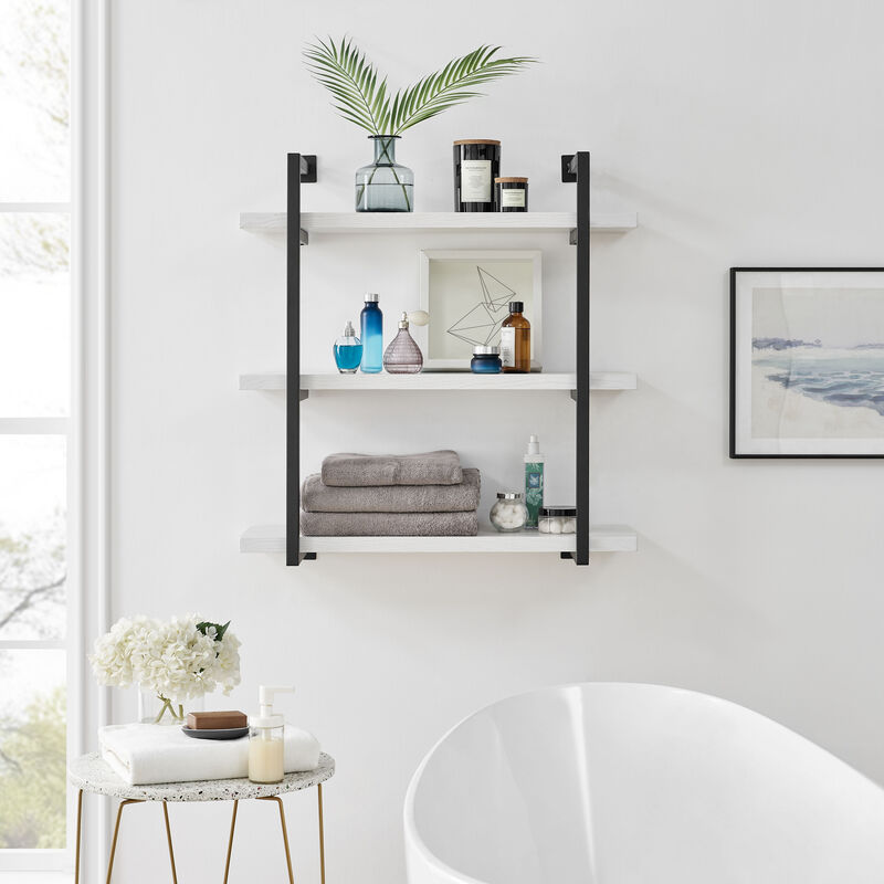 Modern 3-Tier Hanging Bracket Wall Shelves in Black Metal and White Birch Finish