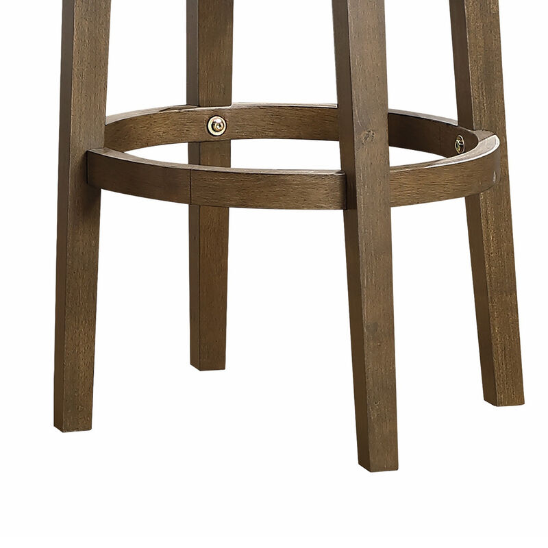 Bara 31 Inch Swivel Barstool, Red Round Faux Leather, Brown Wood, Set of 2 - Benzara