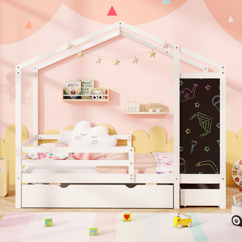 Kids Bed with 2 Drawers Solid Wood Bed with Blackboard