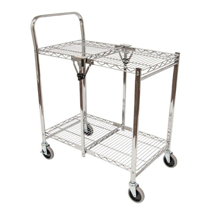Ergode Two Shelf Collapsible Wire Rolling Cart Multifunction Utility Storage Carts on Wheels with Single-Grab Handle - Steel with Chrome Finish - Ideal for Restaurants, Kitchens and Caf