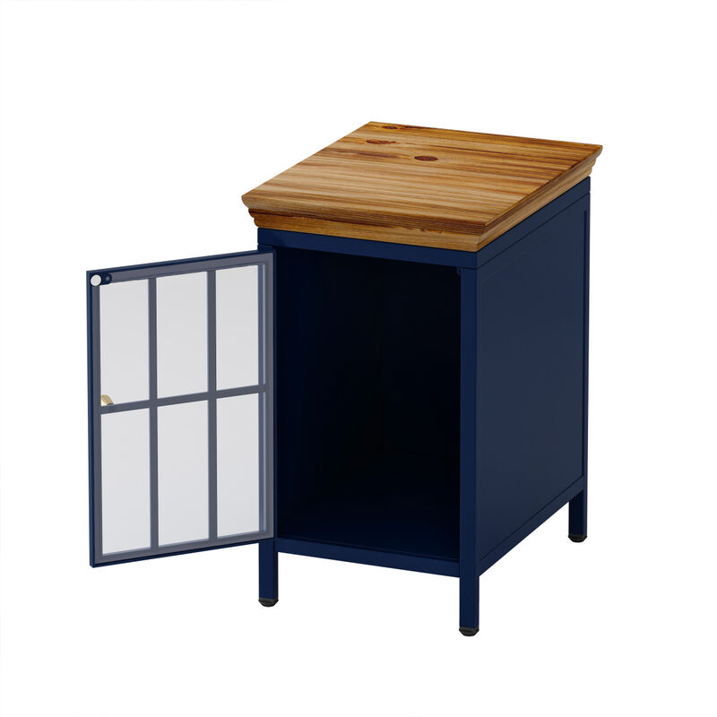 Solid Wood Nightstand with Storage Cabinet in Dark Blue