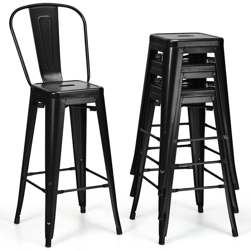 Hivvago Set of 4 Black 30" Height High Back Metal Industrial Bar Stools