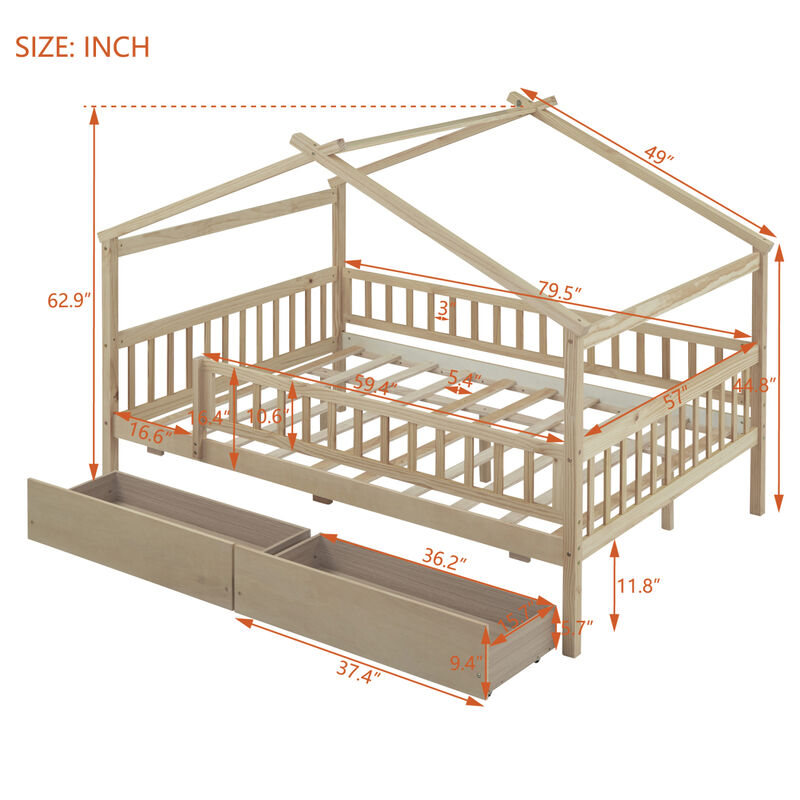 Streamdale Full Size Wooden House Bed With Two Drawers