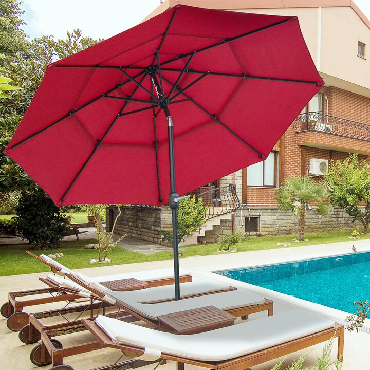 Wine Red Sun Shield: 9' 3-Tier Patio Umbrella with Crank Tilt