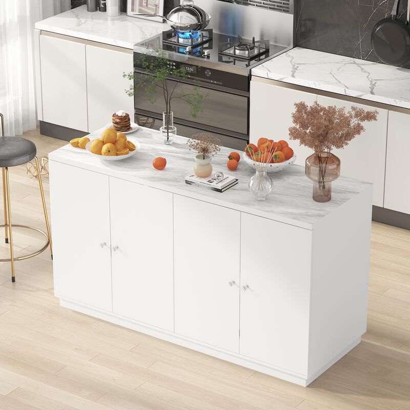 FUFU&GAGA White and Marble Pattern Storage Cabinet with Drawers and Shelves, P2 PB & Melamine Construction (63" W x 23.6" H x 35.4" D), White