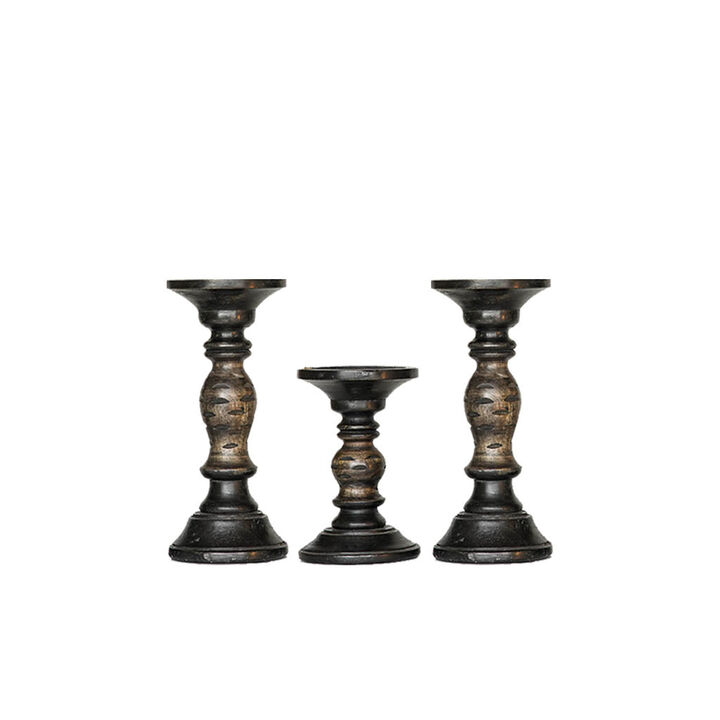 Traditional Dark Polish Eco-friendly Handmade Mango Wood Set Of Three 9",6" & 9" Pillar Candle Holder BBH Homes