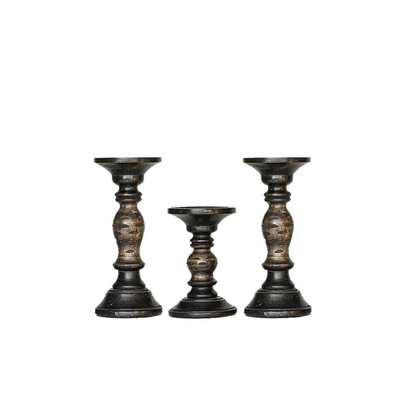 Traditional Dark Polish Eco-friendly Handmade Mango Wood Set Of Three 9",6" & 9" Pillar Candle Holder BBH Homes
