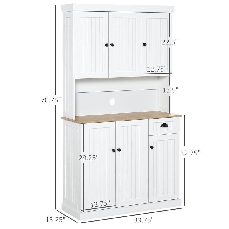 71" Kitchen Buffet with Hutch: Microwave Space, Storage, White