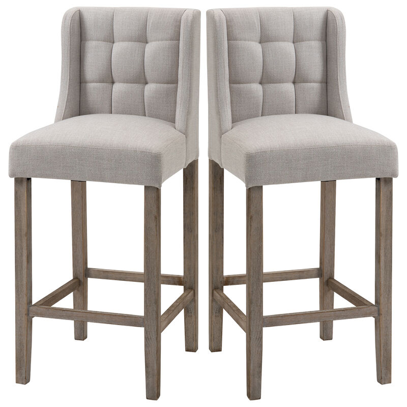 HOMCOM Modern Bar Stools, Tufted Upholstered Barstools, Pub Chairs with Back, Rubber Wood Legs for Kitchen, Dinning Room, Set of 2, Beige