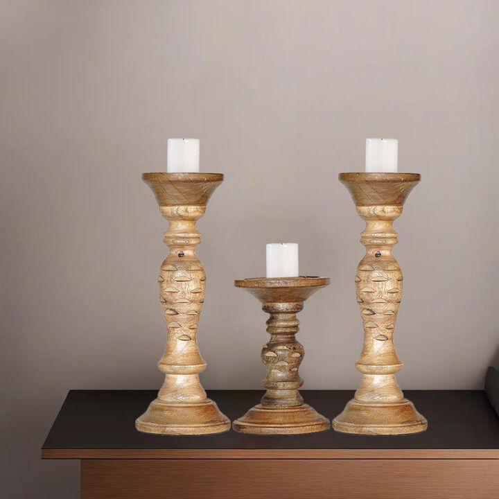 Traditional Wallnut Eco-friendly Handmade Mango Wood Set Of Three 9",6" & 9" Pillar Candle Holder