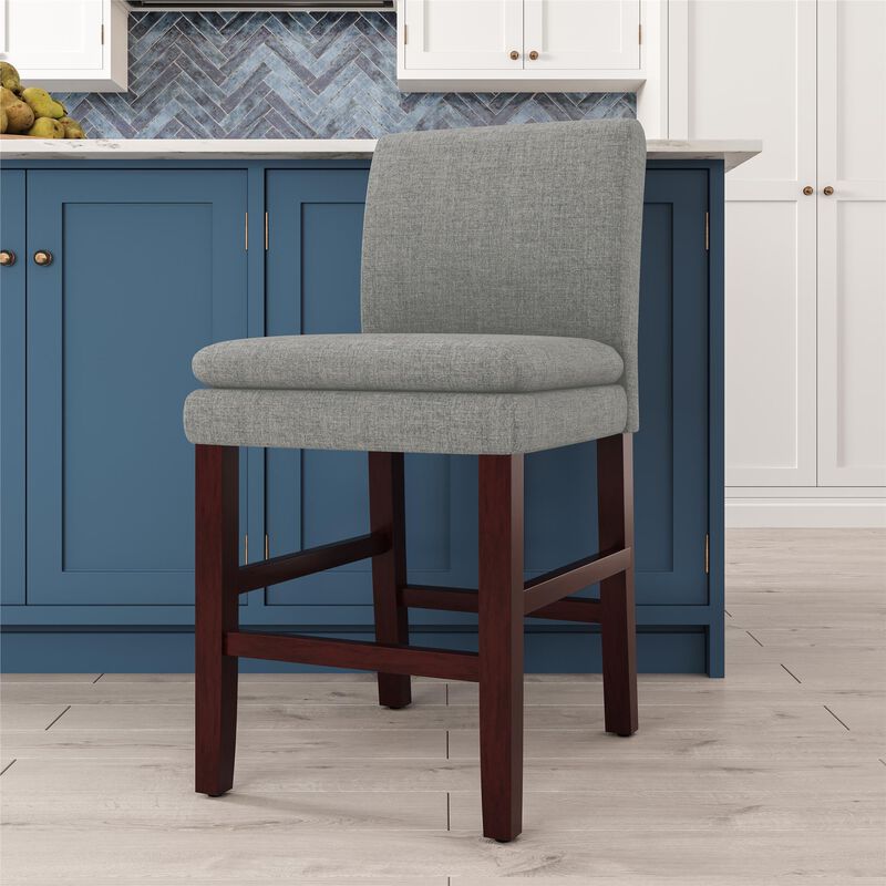 Clive Upholstered High Back Counter Stool with Dark Brown Legs, Gray