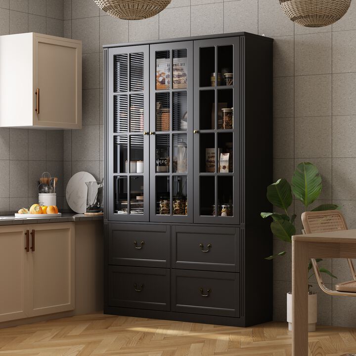 47.2 in. W x 78.7 in. Tall 8-Shelf Black Wood Standard Bookcase Bookshelf With Glass Doors, Adjustable Shelves, Drawers