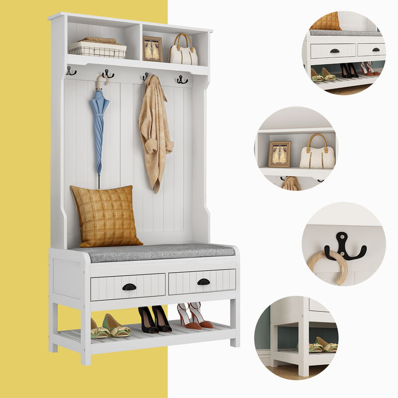 68.5 in. White Wood 3-in-1 Hall Tree Coat Rack Storage Bench with 4-Metal Double Hooks and 2-Drawers, Shelves