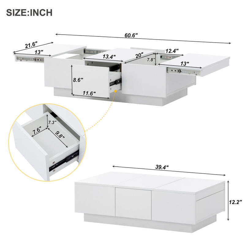 White Multi-Storage Coffee Table, 39.3"x21.6"
