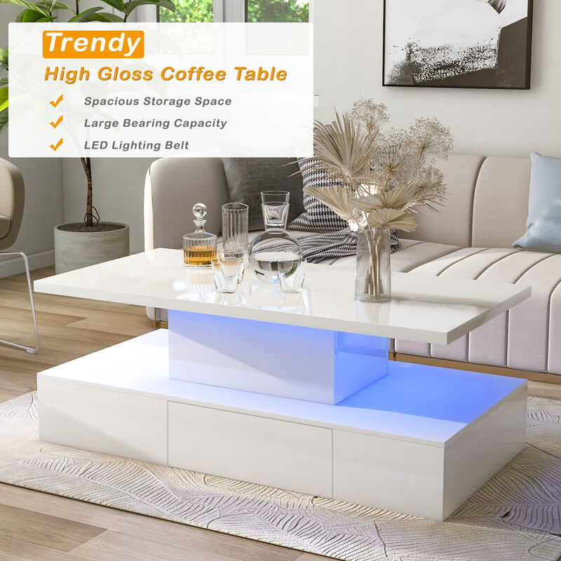 Modern Glossy Coffee Table with Drawer, 2-Tier Rectangle Center Table