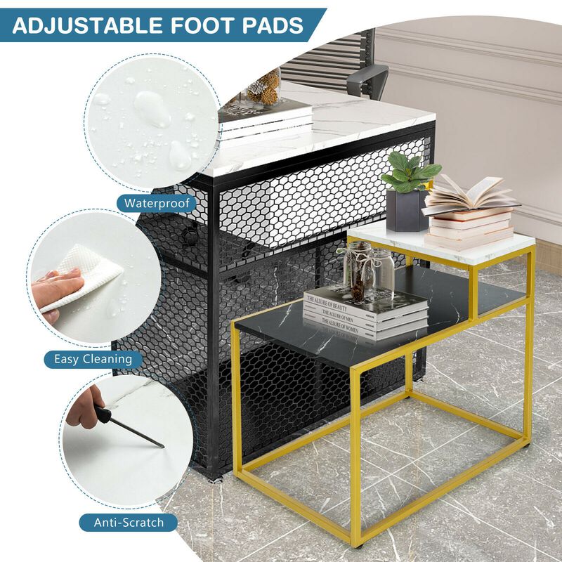 2 Tier End Side Table with Metal Frame and Storage Shelf for Living Room-White