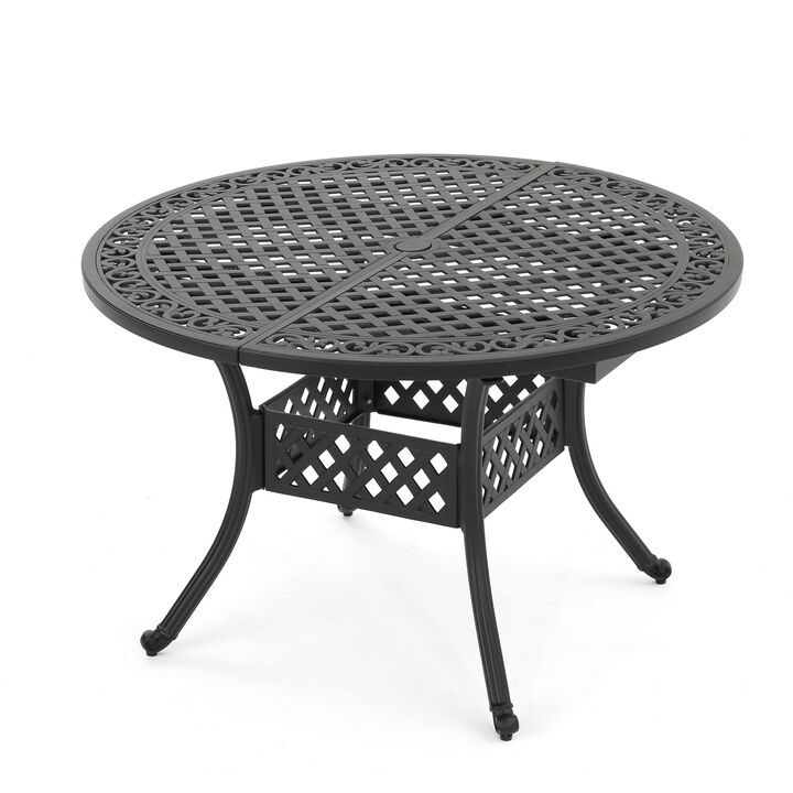 Roch Outdoor Dining Table, 46-61 Inch Extendable Top, Black Latticework - Benzara