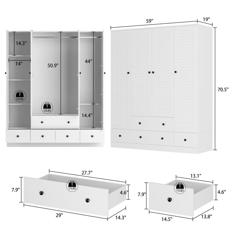70 in. H x 19 in. D White Wood 59 in. W 4 Shutter Doors Big Armoires Wardwore with 6-Drawers, Hanging Rod