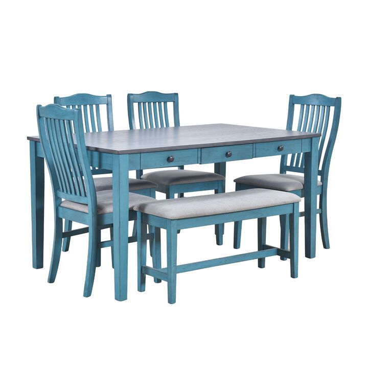 Mid-Century 6-Piece Wood Dining Table Set, Kitchen Table Set With Drawer, Upholstered Chairs