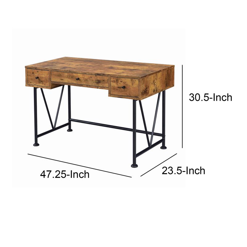 48 Inch Chic Wood Writing Desk 3 Drawer, Rustic, Metal Base, Antique Brown-Benzara