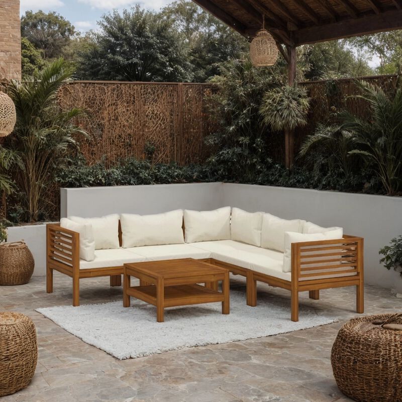 Soma 6pc Outdoor Modular Sofa Set, Ivory Fabric Cushions, Brown Wood - Benzara