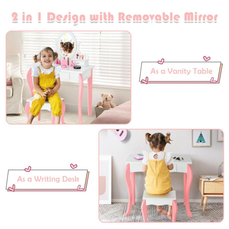 Hivvago Kids Vanity Princess Makeup Dressing Table Stool Set with Mirror and Drawer