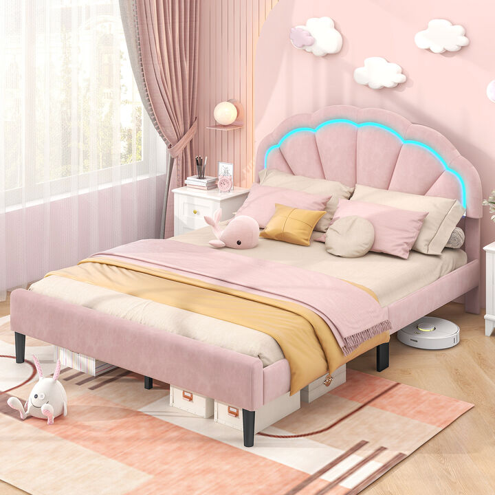 Upholstered LED Bed Frame with Adjustable Flower Headboard