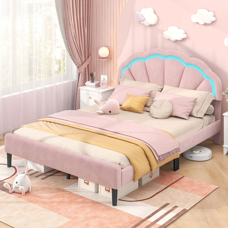 Upholstered LED Bed Frame with Adjustable Flower Headboard