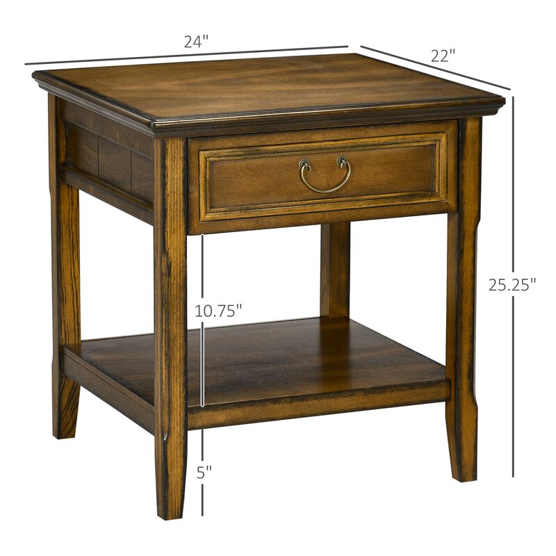 Dark Coffee Side Table: Retro End Table with Drawer & Open Shelf