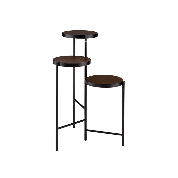 3 Tier Plant Stand with Round Wooden Shelves and Foldable Design, Black-Benzara