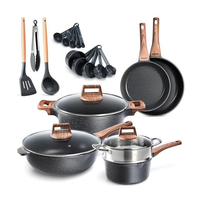 Bakken-Swiss 14-Piece Kitchen Cookware Set – Granite Non-Stick – Eco-Friendly – for All Stoves & Oven-Safe - Marble coatin