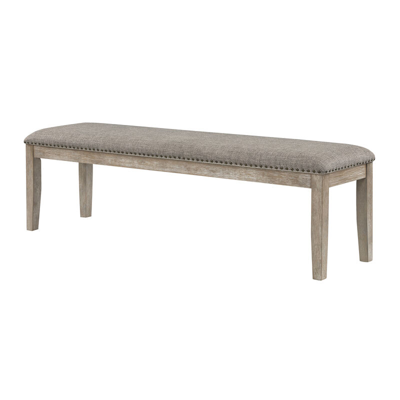 Ruth 64 Inch Bench, Nailhead Trim, Polyester Upholstery, Gray Solid Wood - Benzara