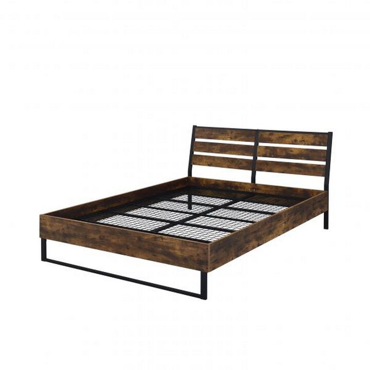 Eastern King Bed with Panel Headboard and Metal Slats, Brown and Black - Benzara