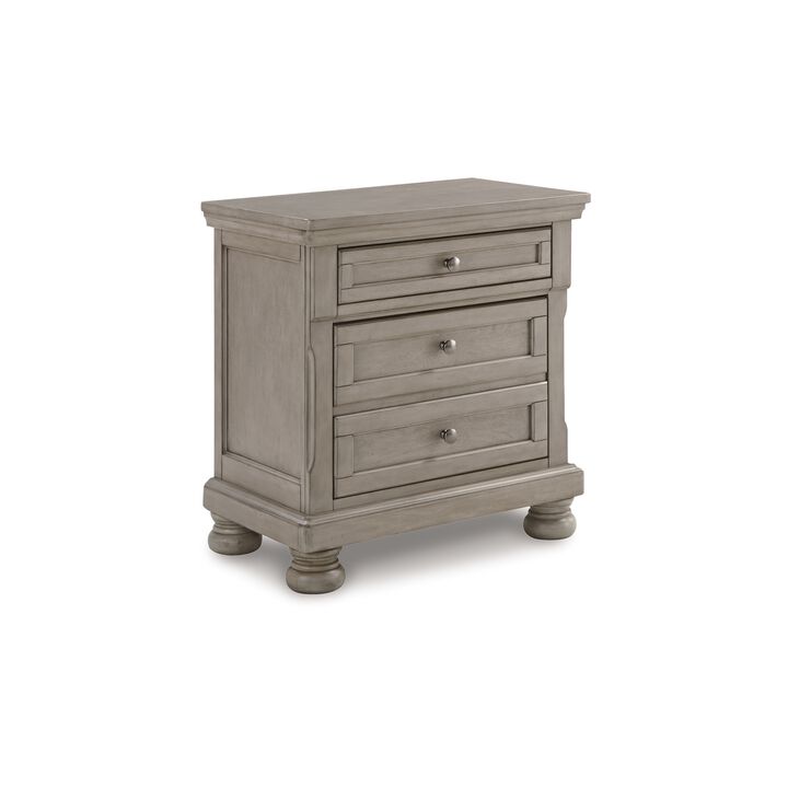 Ryno Nightstand, 2 Drawers, Pull Out Tray, Nickel Round Knobs, Gray - Benzara