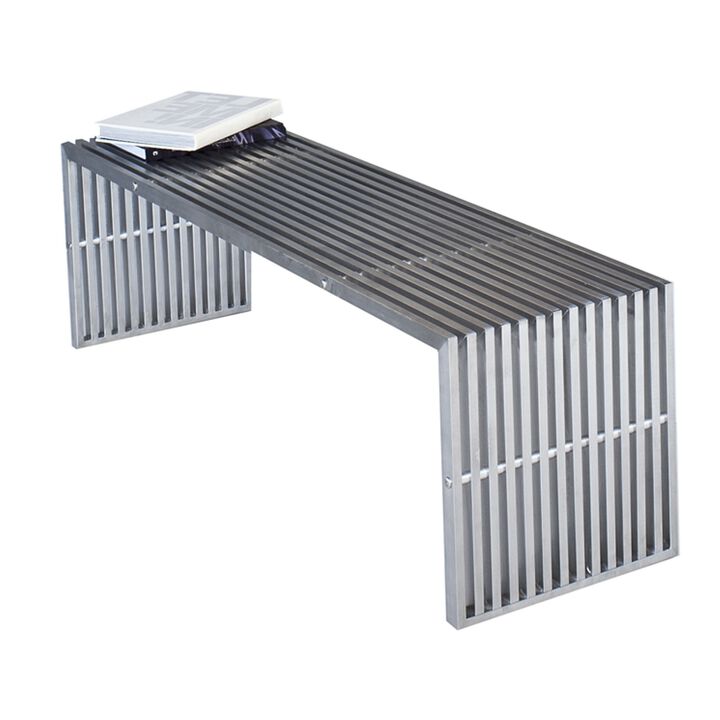 Niki 55 Inch Metal Bench, Slatted, Rectangular Shape, Brushed Silver Steel - Benzara