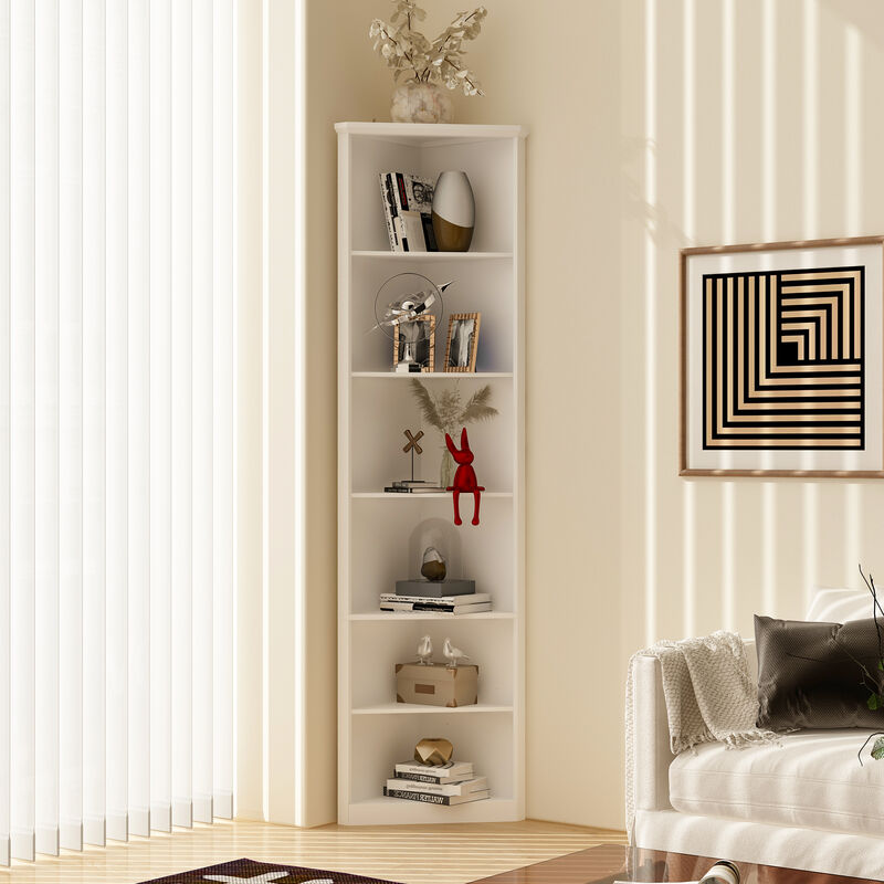 Modern Book Shelf Set of 2, 6 Tiered Corner Shelves, Small Corner Bookshelf for Small Spaces, Adjustable Tall Bookcase for Bathroom, Living Room, Office, White(31.5"x 13.9"x 78.7")