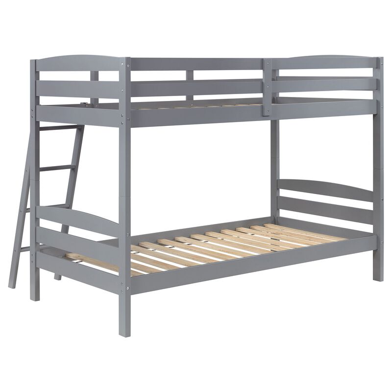Diana Twin Over Twin Bunk Bed, Safety Rails, Slanted Ladder, Gray Wood - Benzara