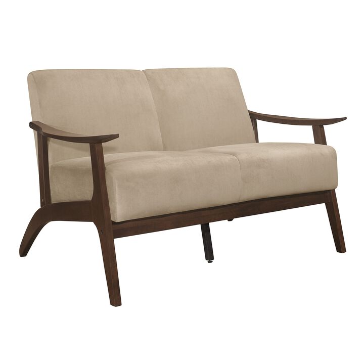 Rica 51 Inch Loveseat, Curved, Soft Beige Velvet, Walnut Brown Solid Wood - Benzara Rica 51 Inch Loveseat, Curved, Soft Beige Velvet, Walnut Brown Solid Wood - Benzara