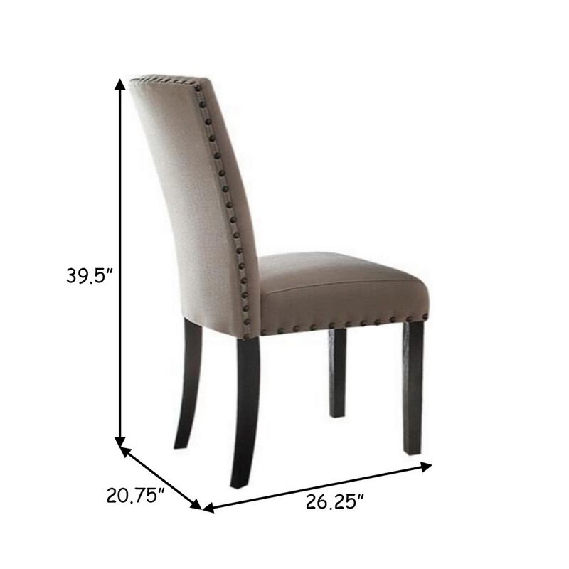 Nailhead Trim Fabric Upholstered Wooden Side Chair, Set of 2, Beige and Brown-Benzara