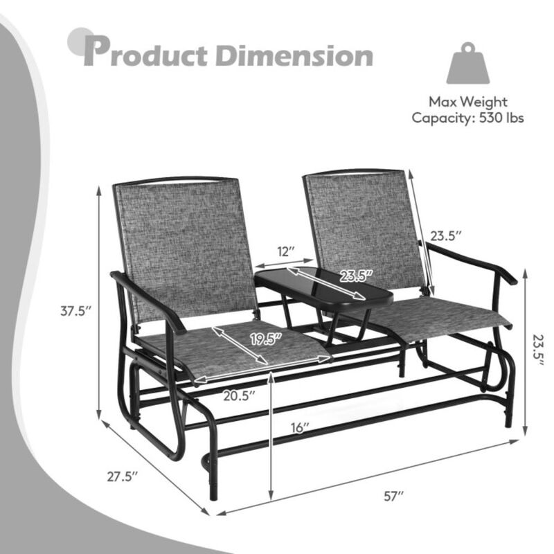 Hivvago 2-Person Double Rocking Loveseat with Mesh Fabric and Center Tempered Glass Table