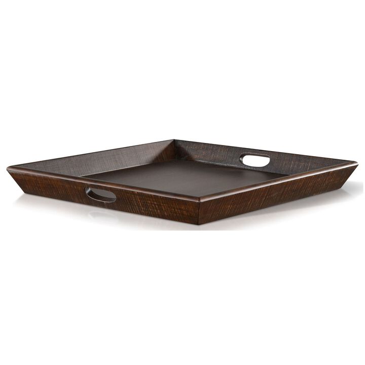 Flint Decorative Serving Tray, 27x27 Square Dark Rustic Oak Brown - Benzara