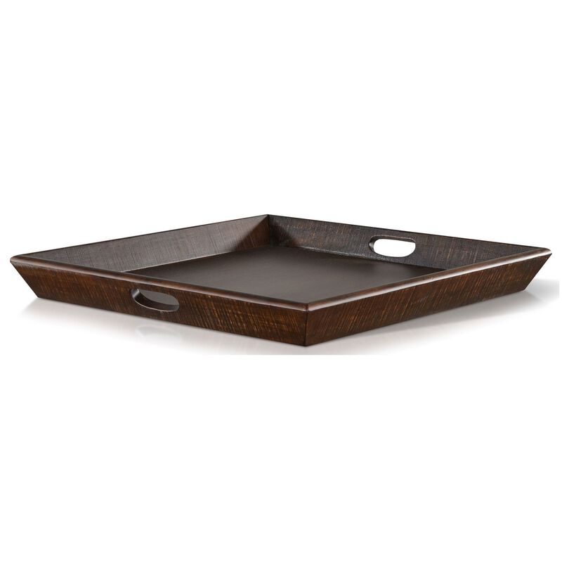 Flint Decorative Serving Tray, 27x27 Square Dark Rustic Oak Brown - Benzara